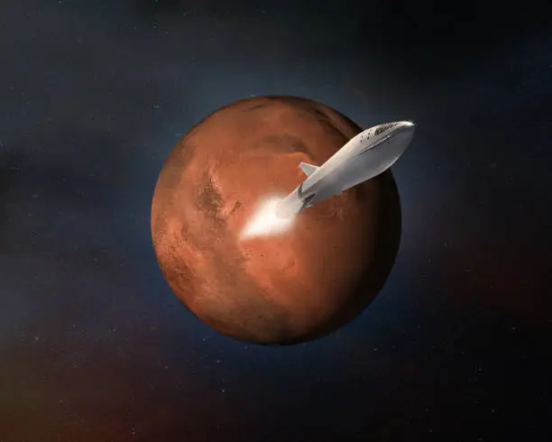 Starship on Mars planet background. Elements of this image furnished by NASA.