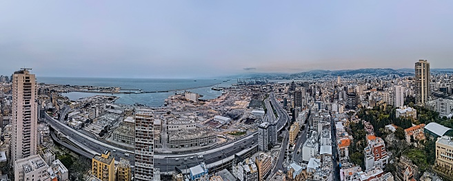 A panoramic aerial drone view of Port of Beirut explosion site.