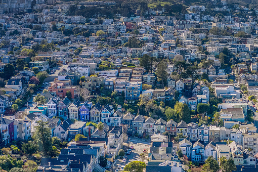 Aerial view of colorful Row Houses in Noe Valley district of San Francisco.