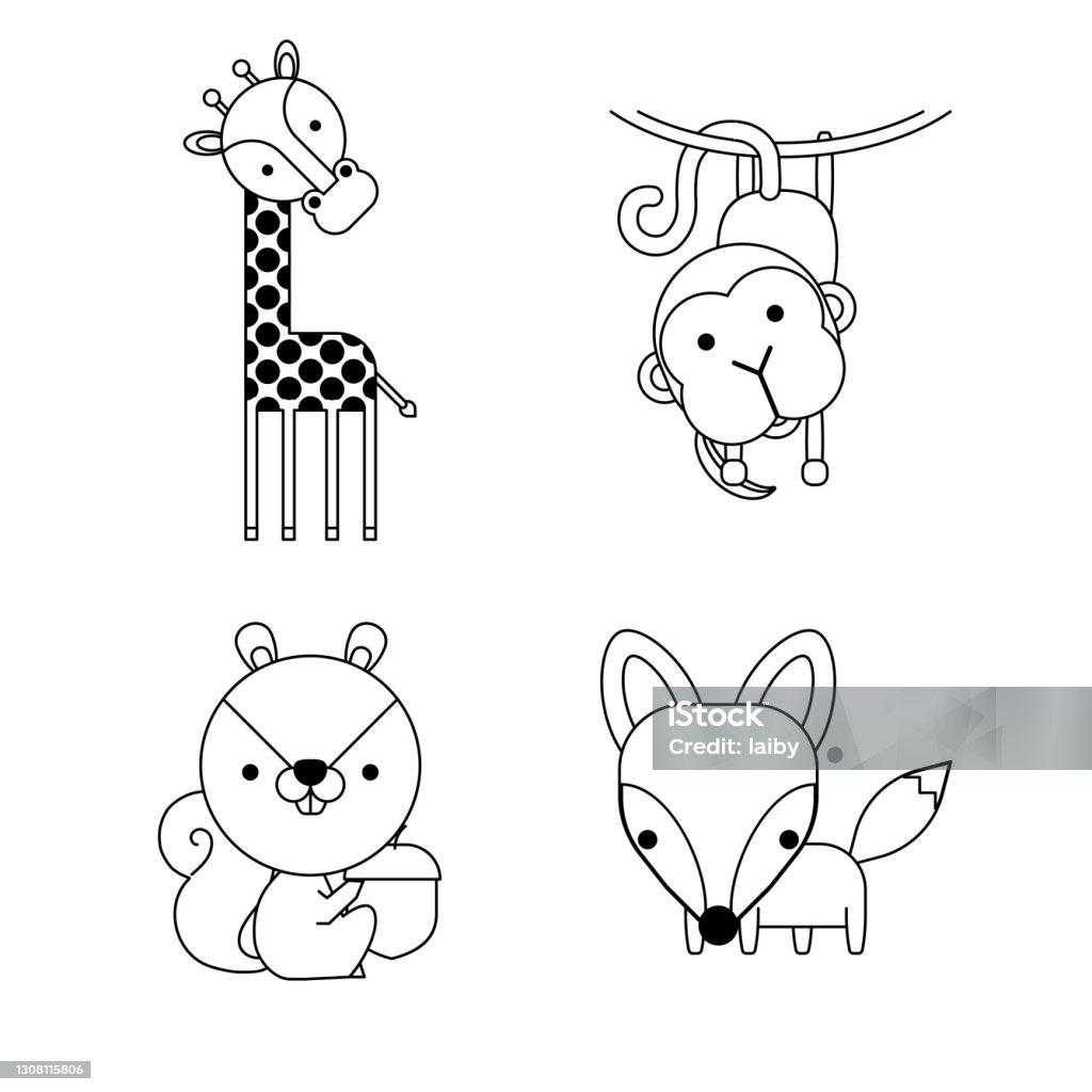Vetores de Delineado Animais De Desenho Animado Simples Bonito