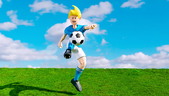 Digitally generated image of cartoon soccer player with soccer ball on a grass field.