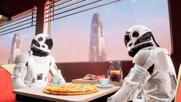 Photo of On a distant red planet, astronauts have lunch at a local eatery. 3D Rendering.