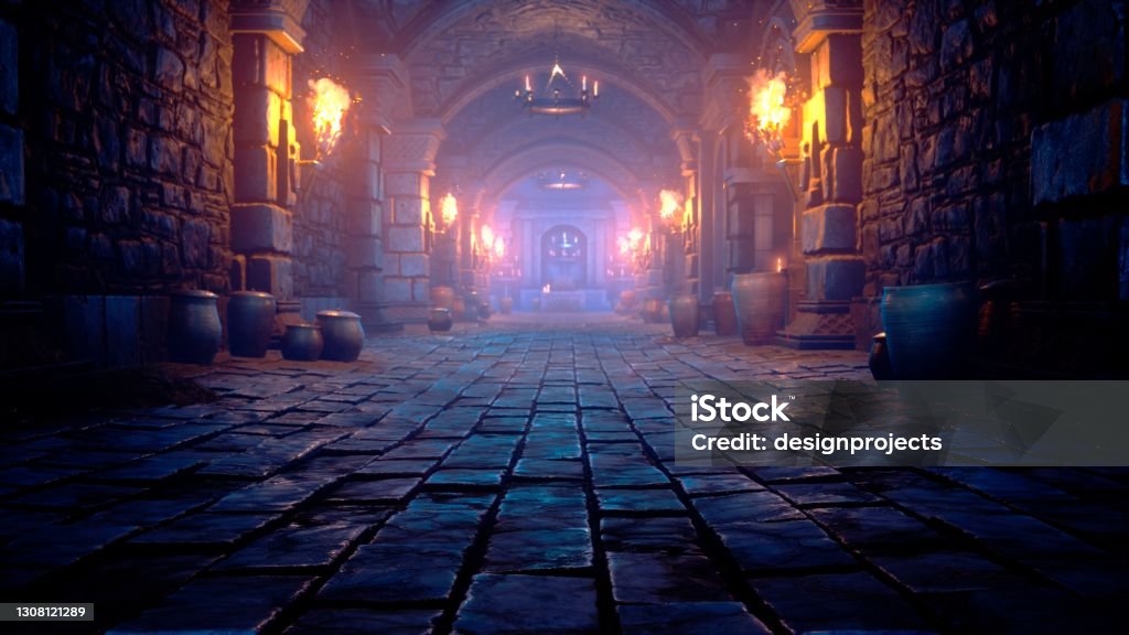 Scary endless medieval catacombs with torches. Mystical nightmare concept. 3D Rendering. Scary endless medieval catacombs with torches. Mystical nightmare concept. View of the ancient catacomb. Fantasy Stock Photo