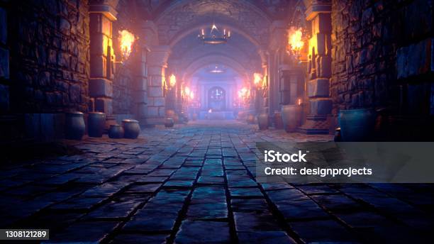 Scary Endless Medieval Catacombs With Torches Mystical Nightmare Concept 3d Rendering Stock Photo - Download Image Now