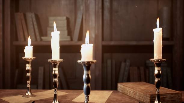 istock Candles on the table of an alchemist in a medieval ancient castle. 3D Rendering. 1308121338