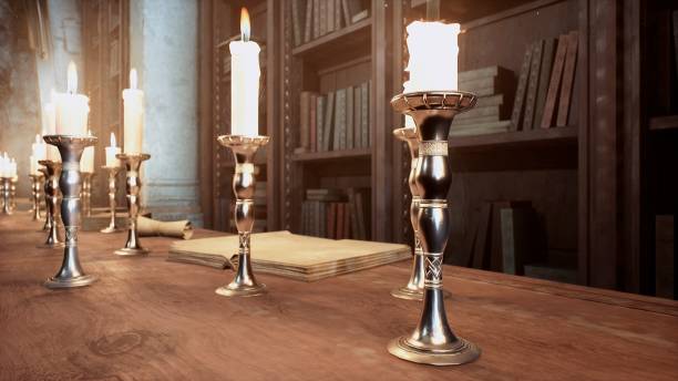 istock Candles on the table of an alchemist in a medieval ancient castle. 3D Rendering. 1308121340