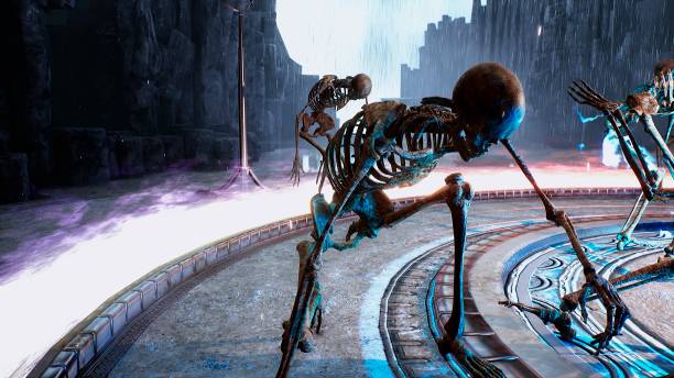 istock An old dark wizard uses arcane magic to revive skeletons. 3D Rendering. 1308121367