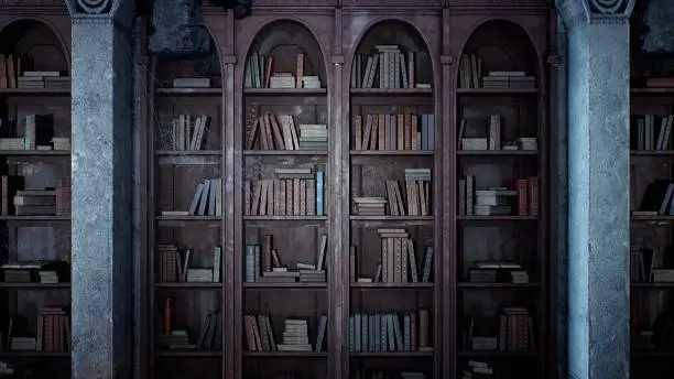 An ancient medieval library with old books and cobweb-covered bookshelves. View of the old library.
