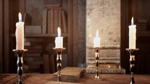 istock Candles on the table of an alchemist in a medieval ancient castle. 3D Rendering. 1308121371