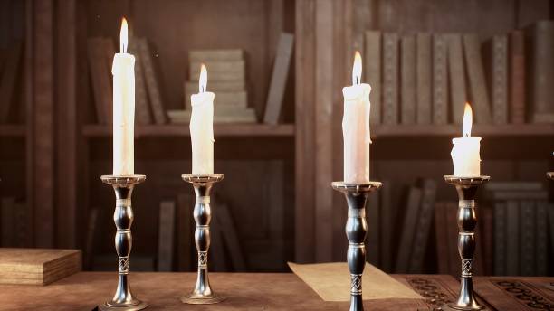 istock Candles on the table of an alchemist in a medieval ancient castle. 3D Rendering. 1308121384