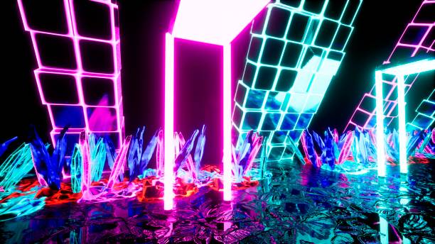 istock Camera fly through a glowing neon tunnel with crystals. 3D Rendering. 1308121398