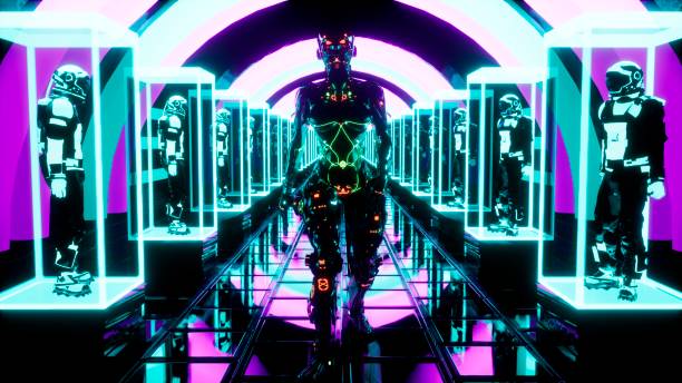 istock A glowing alien walks along a neon corridor with astronauts sitting in cages. 3D Rendering. 1308121401