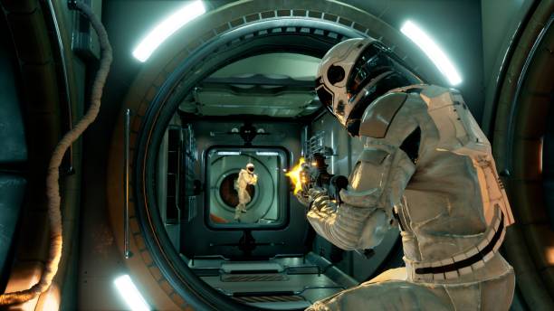 istock Space drama on a spaceship after the conflict of astronauts. 3D Rendering. 1308121456