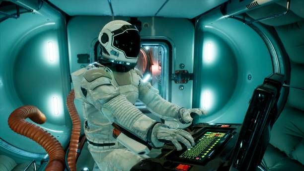 istock An astronaut in a spaceship is watching through a porthole for an alien, unexplored planet. 3D Rendering. 1308121468