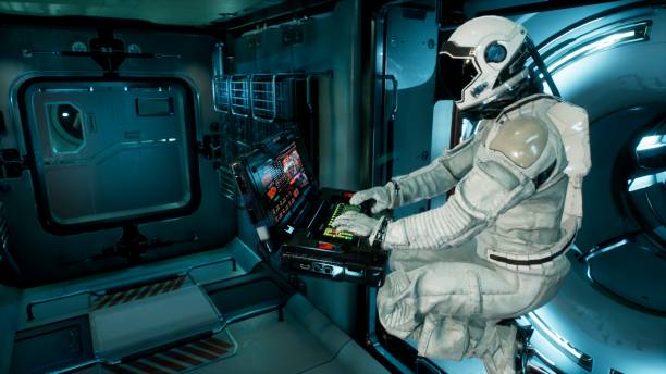 istock An astronaut in a spaceship is watching through a porthole for an alien, unexplored planet. 3D Rendering. 1308121471