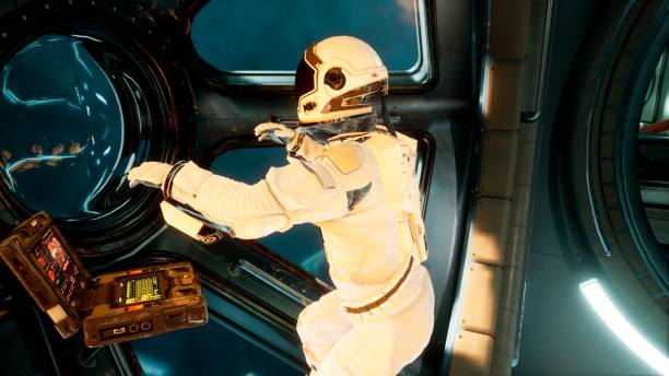 istock An astronaut in a spaceship is watching through a porthole for an alien, unexplored planet. 3D Rendering. 1308121477