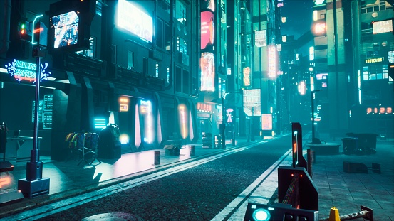 Deserted neon foggy street of the cybercity with dark lonely buildings. View of an future fiction city. Post-apocalyptic cyber world concept.