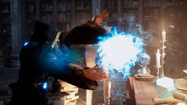 The old wizard trains in sorcery and creates a magical portal. View of the ancient magic castle and the magician.