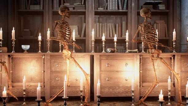 istock Ancient creepy skeletons sneak around the old mystic castle. 3D Rendering. 1308122065