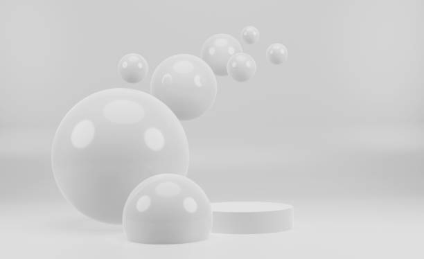 istock 3d mock up white minimalistic podium for product presentation. Exhibition lightroom with abstract flying shining spheres and podium. 3D rendering 1308125237