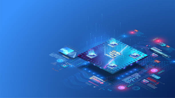 Digital background. Cube, box, blockchain consists matrix of digits. Futuristic microchip CPU processor with lights on the blue background. Quantum computer, large data processing, database concept.AI Digital background. Cube, box, blockchain consists matrix of digits. Futuristic microchip CPU processor with lights on the blue background. semiconductor stock illustrations