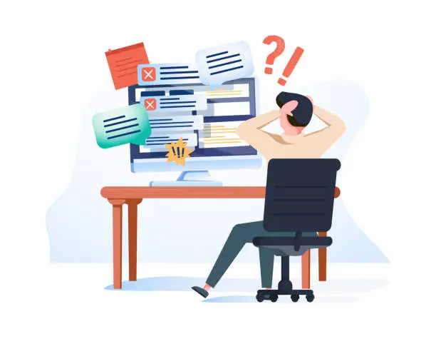 Vector illustration of Concept of missing deadline, bad time management. Scene of tired, nervous, stressed man clutches head at work, to do.