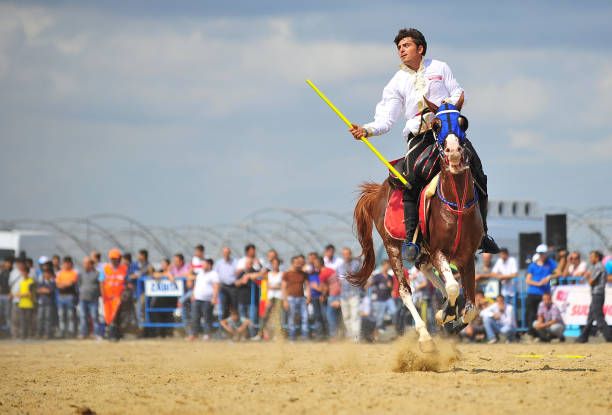 турция - конный спорт в стамбуле, турецкий подросток играет javelin - javelin sport photography outdoors стоковые фото и изображения