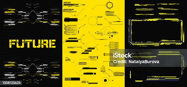 istock Abstract digital technology UI, UX Futuristic HUD, FUI, Virtual Interface. Callouts titles and frame in Sci- Fi style. Bar labels, info call box bars. Futuristic info boxes layout templates. 1308125624
