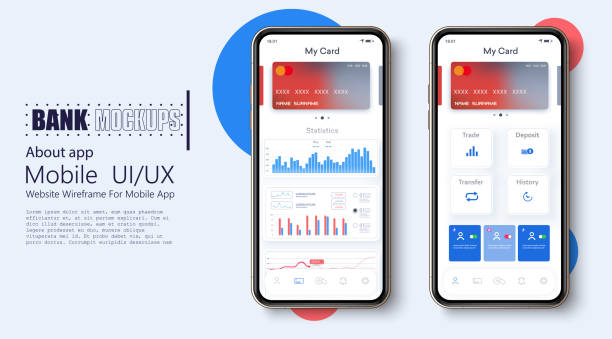 projektowanie koncepcji aplikacji bankowości internetowej. ui, ux, gui zestaw z portfelem. strona docelowa aplikacji bankowej. płatności mobilne i konto finansowe. płatność online. ekran e-płatności. wykresy statystyczne i wykresy finansowe - android telephone mobile phone application software stock illustrations