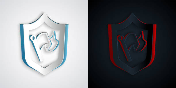 istock Paper cut Shield with flag icon isolated on grey and black background. Victory, winning and conquer adversity concept. Paper art style. Vector 1308128181