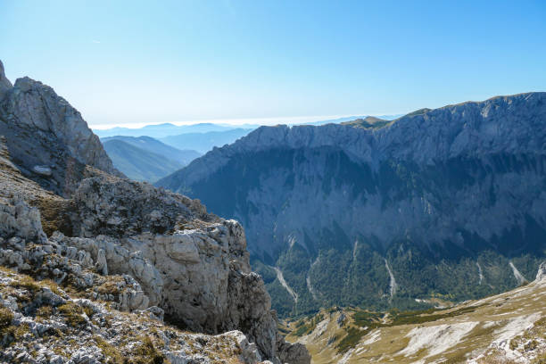 istock Hohe Weichsel - A panoramic view on Hochschwab mountain chains from the pathway leading to Hohe Weichsel. Sharp mountain slopes 1308128293
