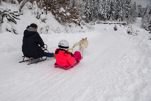 Happy family having fun with a dog on the snowy mountain.