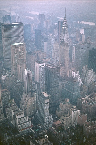 New York City, NY, USA, 1969. Manhattan on a foggy and rainy day.