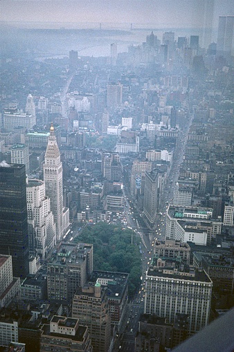 New York City, NY, USA, 1969. Manhattan on a foggy and rainy day.