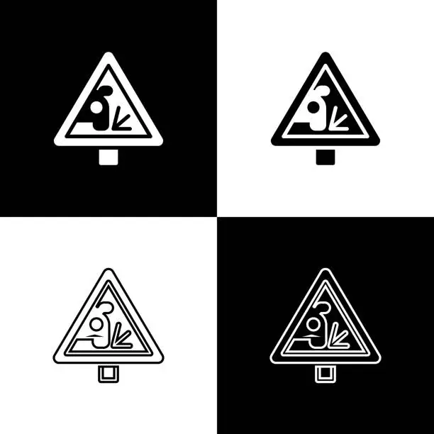 Vector illustration of Set Warning road sign throwing stone materials icon isolated on black and white background. Traffic rules and safe driving. Vector