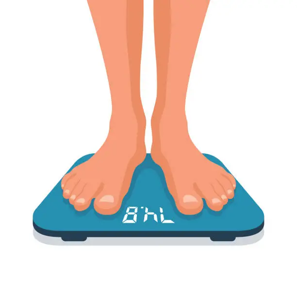 Vector illustration of Man standing on weight scale. Man legs on scales.