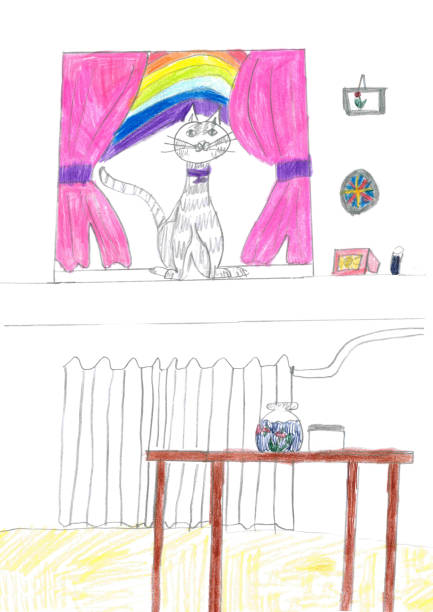 istock Cat sitting on window sill. kid's drawing. 1308134326