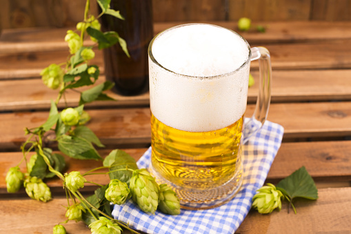 Beer. Pint of Beer close up on a wooden background. Cold Craft light Beer in a glass with water drops. Beer is pouring from the bottle. Border design. Copy space. High quality photo