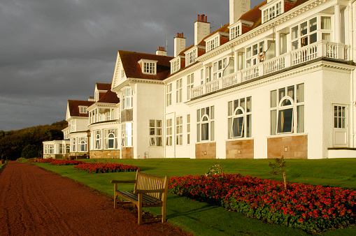 Turnberry Ayrshire, Scotland, UK - October 1, 2004: The sun sets on the Trump Turnberry Resort, one of the most luxurious hotels in Scotland. The five red star Turnberry resort is known throughout the world for its golf courses and has hosted four Open Championships.