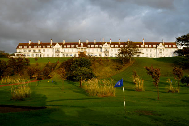 Turnberry, Scotland, UK - August 4, 2016: The main entrance to Trump Turnberry, a luxury hotel on the west coast of Scotland. The hotel was bought by the US presidential nominee Donald Trump and was reopened in 2016 after an eight month refurbishment.
