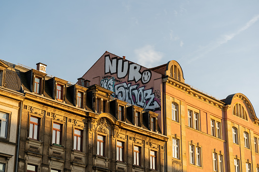 Dresden, Germany – September 2, 2023: Buildings and graffitis in Neustadt, Dresden, Germany.