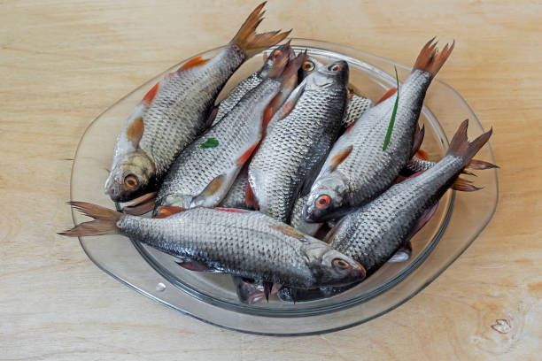 Fresh fish on the table in a glass dish.