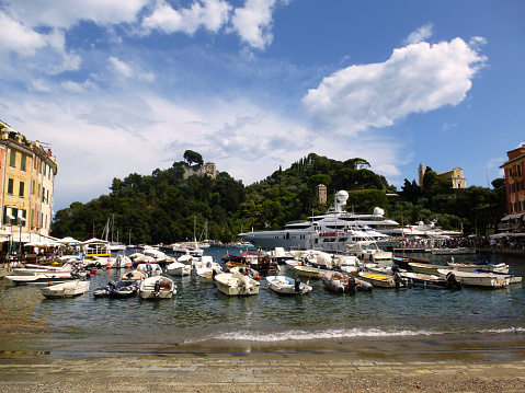 View of Portofino, a charming and glamorous village located in the region of Liguria in Genoa, Italian Riviera, Europe
