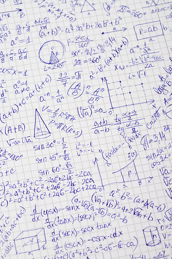 Mathematical seamless pattern background with formulas, equations and figures, handwritten in a notebook