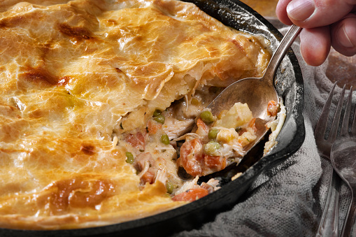 Cast Iron Chicken Pot Pie with Potatoes, Carrots, Green Beans with a Puff Pastry Crust