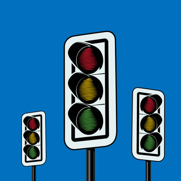 Three traffic lights on a blue sky background.Red, Yellow and Green colors. Vector illustration