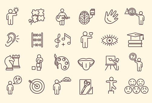 Large set of line drawn icons depicting Cognitive Abilities and Preschool Development of Children showing a wide range of skills, sensory organs and expertise, vector illustration design elements