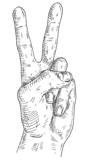 istock Male hand show sign victory or peace. Vintage monochrome hatching illustration 1308147834