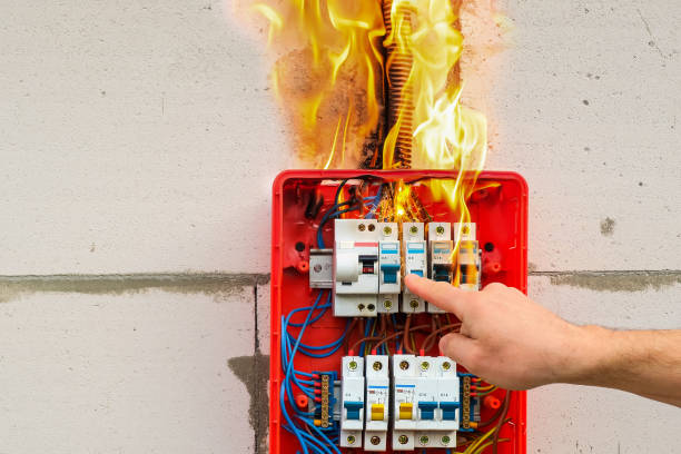 istock Male hand turns off burning switchboard from overload or short circuit on wall 1308148806