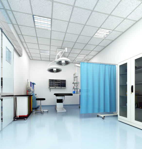 3d render do interior hospitalar, sala de tratamento - blue construction built structure indoors - fotografias e filmes do acervo